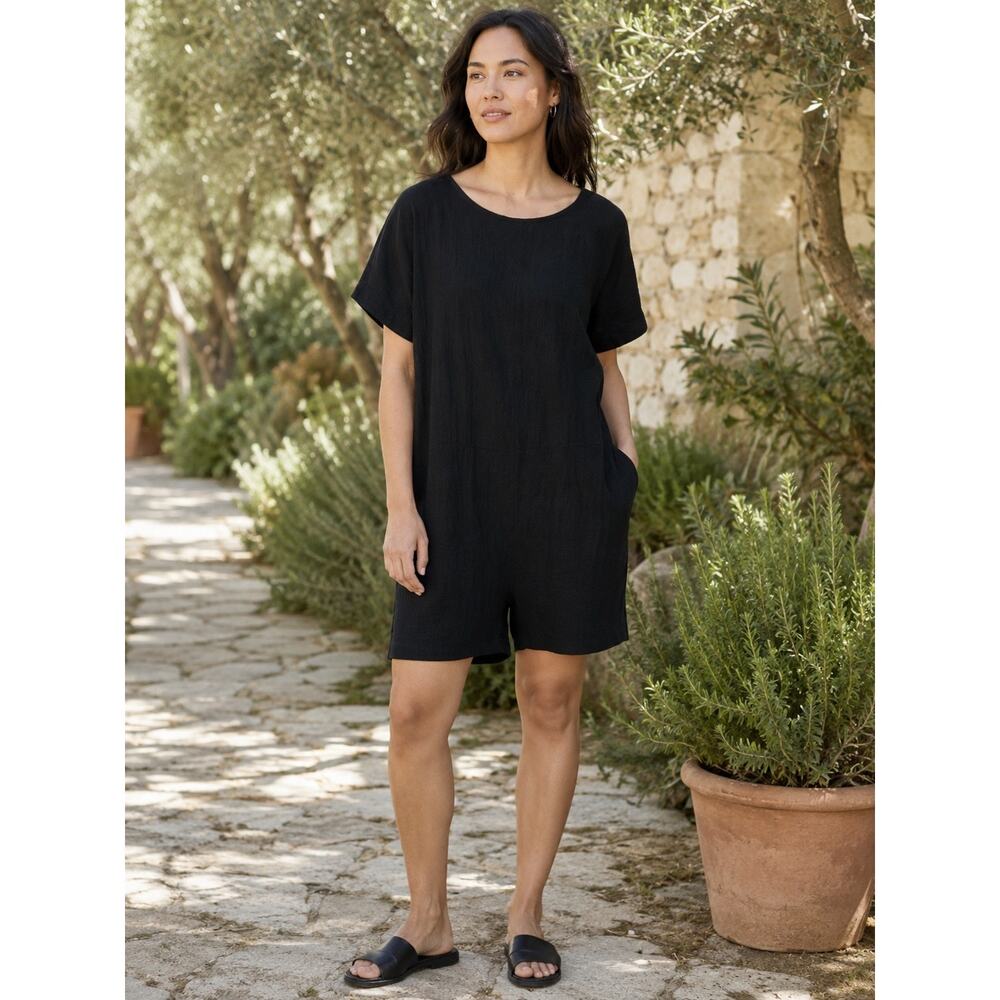 Eileen Fisher System Organic Cotton Boat Neck Gauze Romper In Black. Size XL